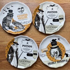 4 Hobby Lobby 8" Halloween Orange Black Round Plates Set Owl Cat Potion Skull